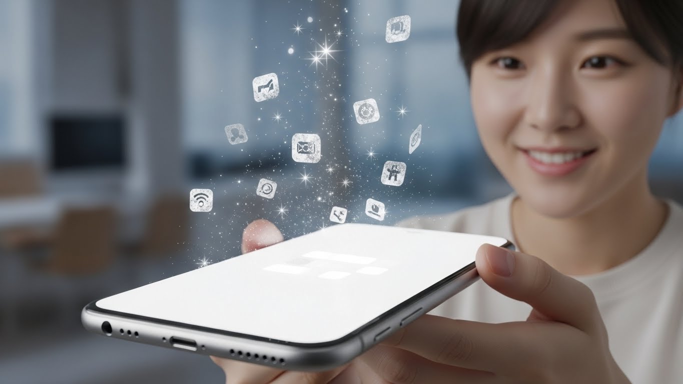 디지털 자산 다이어트를 통해 스마트폰이 가벼워지고 쾌적해지는 과정을 상징화한 이미지