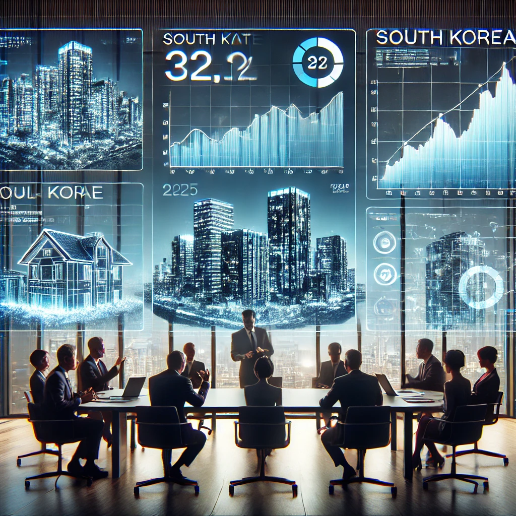 비즈니스 전문가들이 2025년 부동산 투자 회의에서 디지털 차트를 분석하며 시장 상승 또는 하락 가능성을 토론하는 장면.