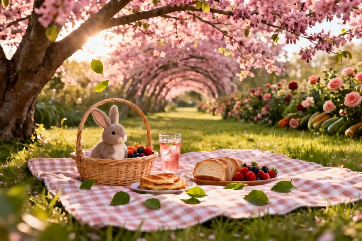 벚꽃 나무 아래 펼쳐진 피크닉 돗자리와 도시락이 있는 화사한 봄 나들이