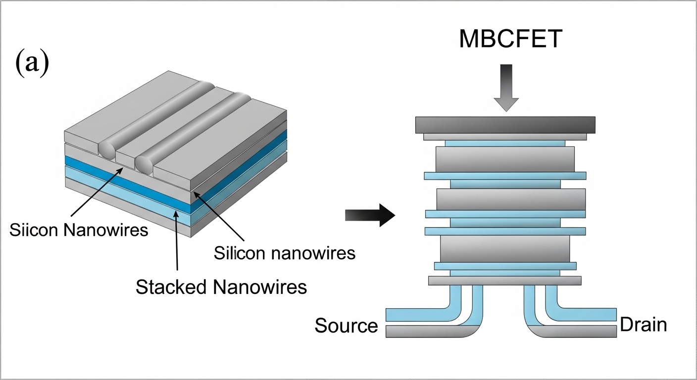 High-resolution technical illustration comparing the existing FinFET structure with the 4-sided GAA (MBCFET) structure.