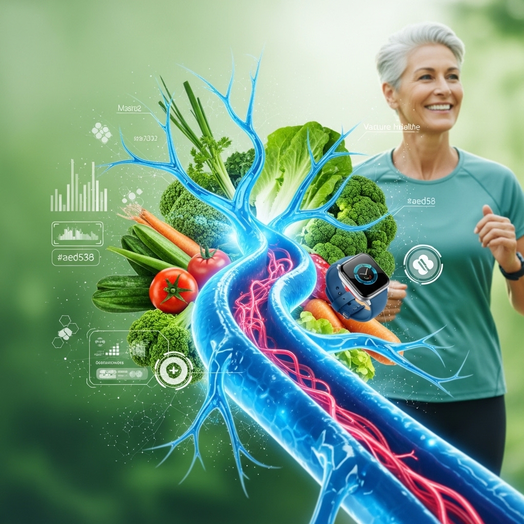 2025년 중년의 혈관 건강을 상징하는 밝고 현대적인 이미지. 푸른빛 혈관이 나무처럼 뻗어 있고, 신선한 채소, 스마트 웨어러블 기기, 활동적인 중년의 모습, 디지털 헬스케어 인터페이스가 조화롭게 배치되어 젊고 건강한 혈관 관리를 표현합니다.