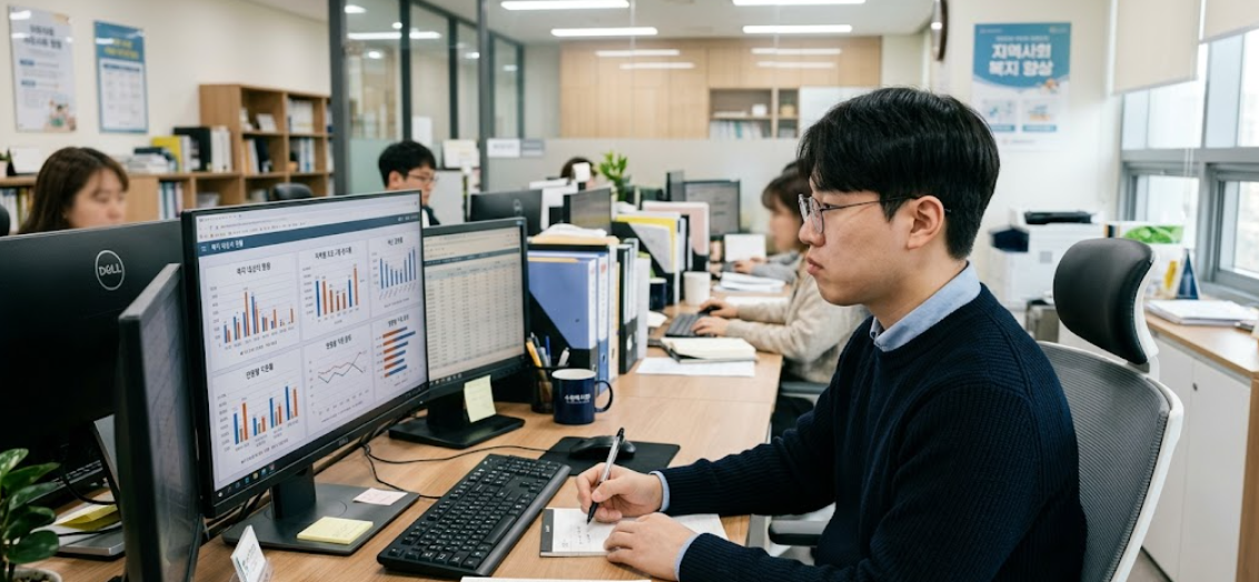각종 그래프와 통계 자료가 띄워진 모니터 앞에서 사회복지사가 분석하는 모습