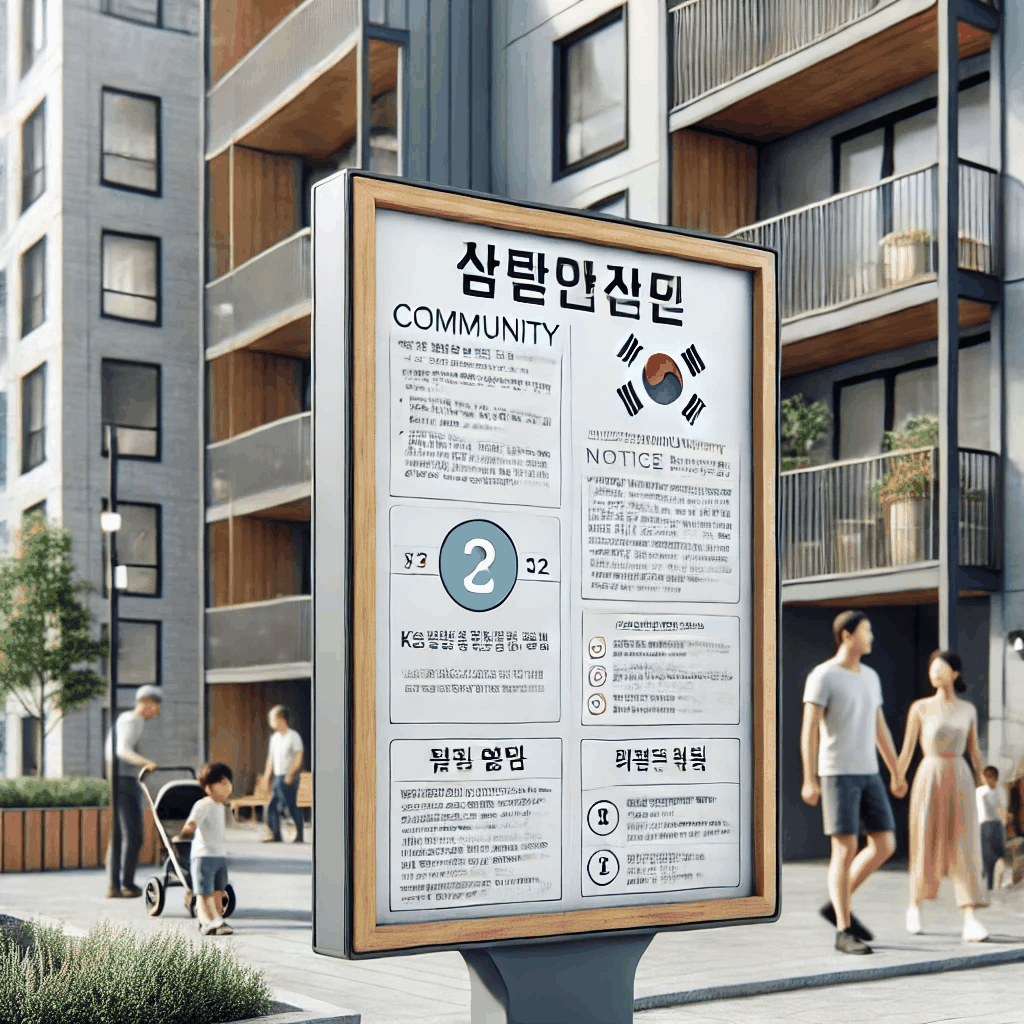현대적인 아파트 단지 내 주민들이 생활하는 모습과 공동주택 관리법 주요 내용이 게시된 안내판