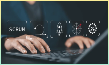 스크럼, 반복의 아이콘과 손으로 노트북을 작업하는 사람의 사진