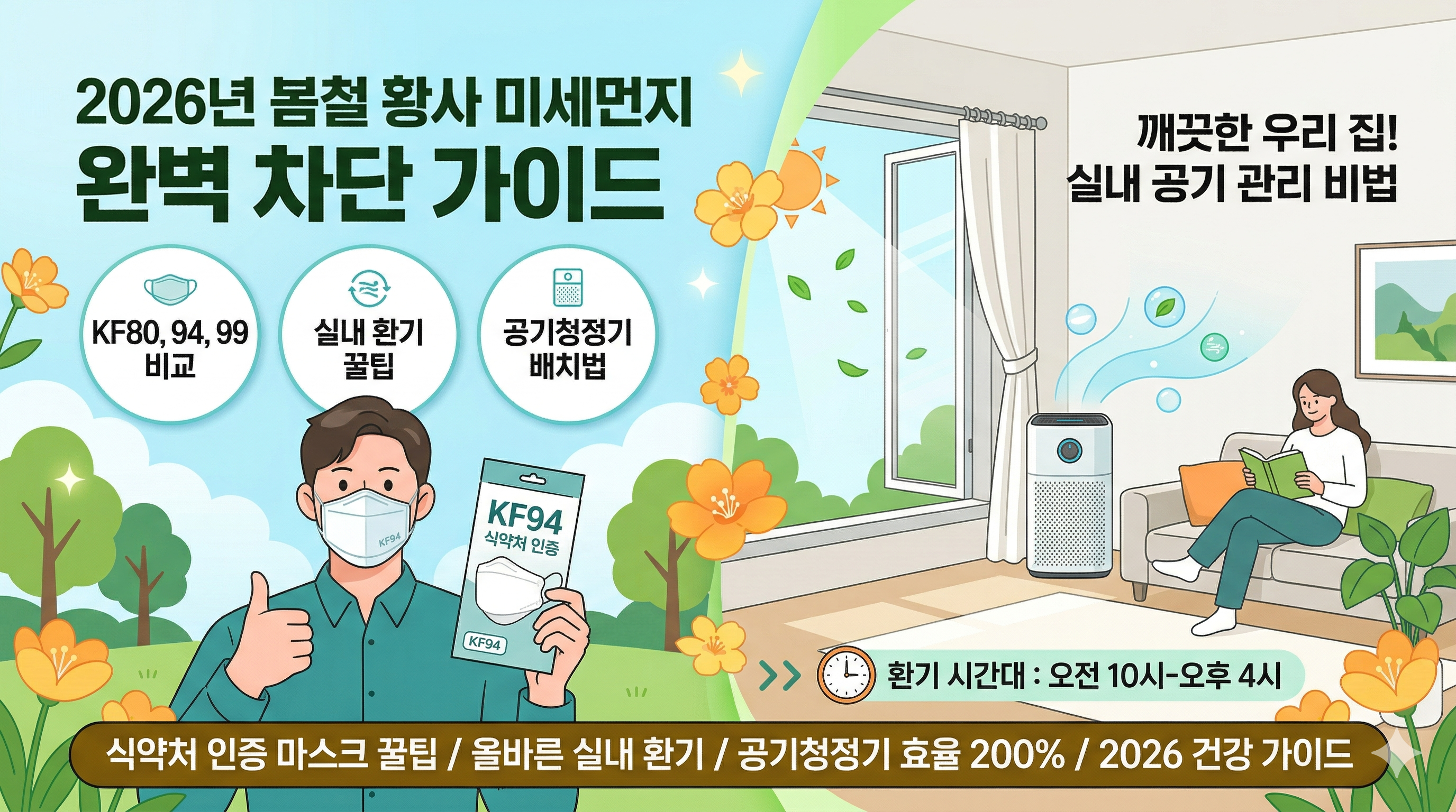 2026년 봄철 황사 및 미세먼지 완벽 차단 가이드: KF94 마스크 선택법과 실내 환기 정석