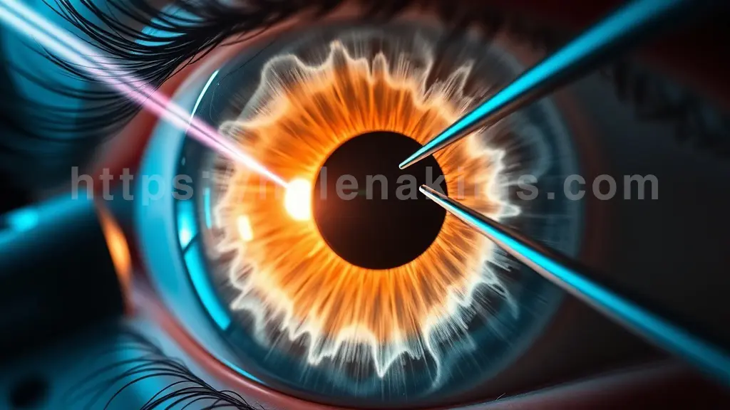 인체 안구의 정교한 내부 구조를 중심으로, 가는 레이저 빔이 방수 유출로에 정밀하게 작용하는 모습과 미세 수술 도구가 막힌 통로를 섬세하게 개선하는 과정