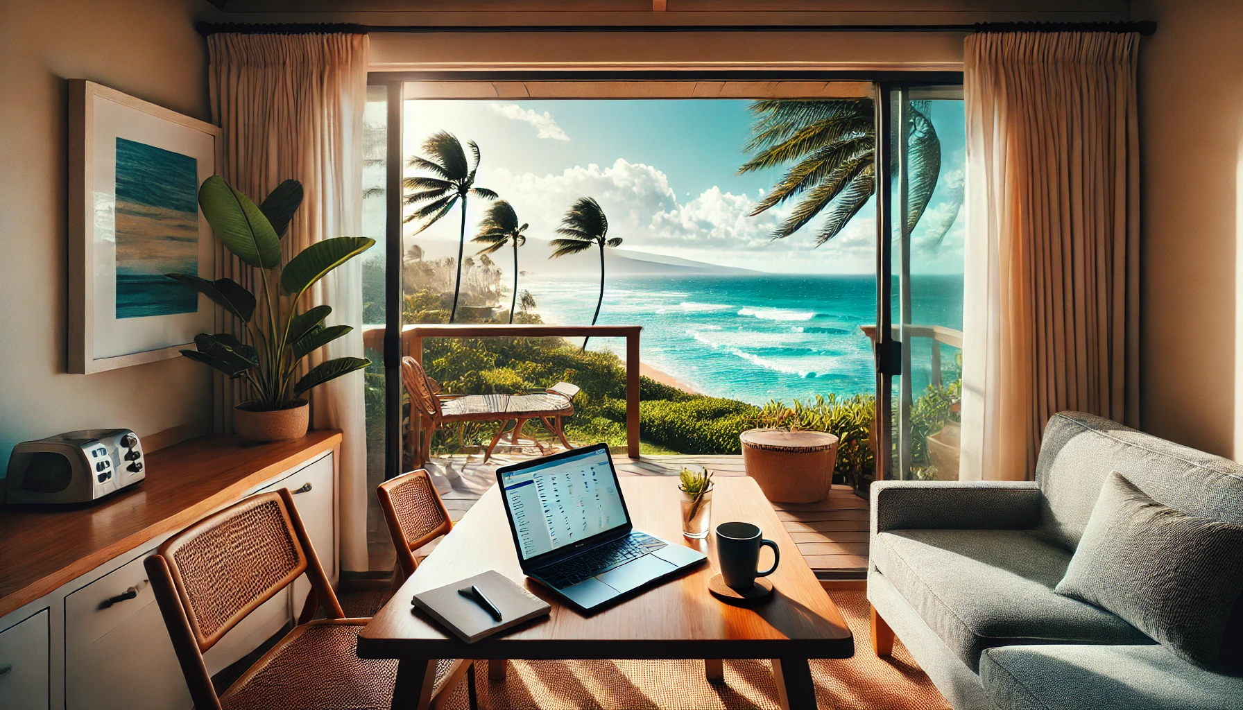 하와이 바다와 야자수가 보이는 창밖, 노트북과 커피가 놓인 숙소의 테이블