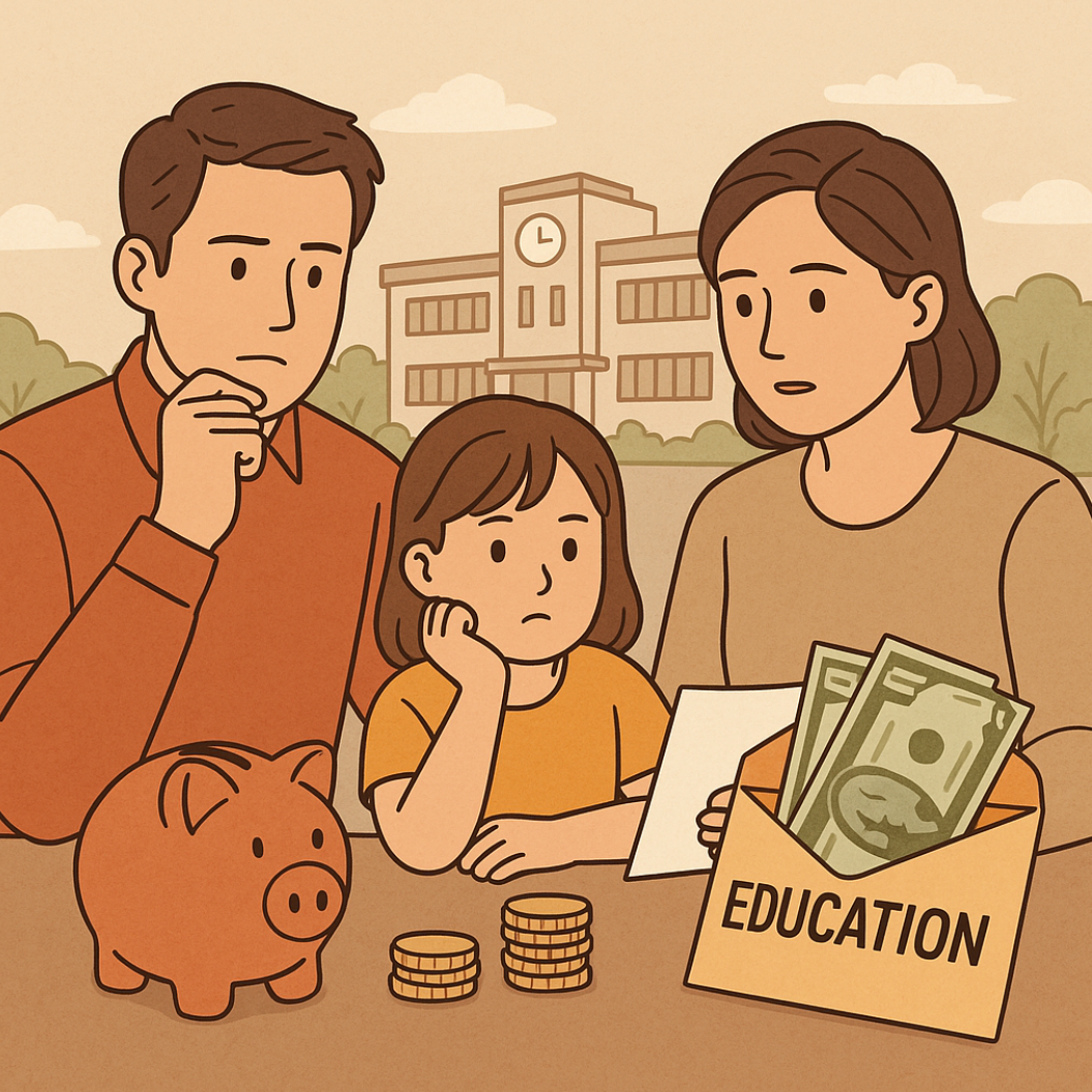 돈을 보고 있는 가족 사진