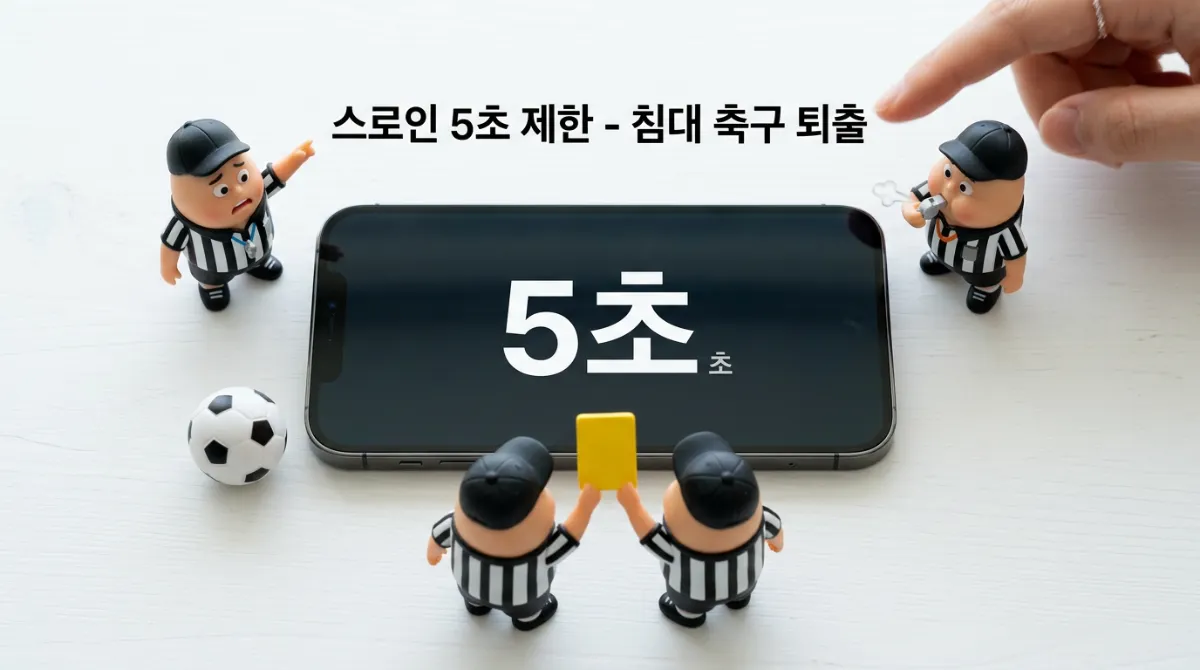 스로인 5초 제한 규정을 스마트폰 타이머와 심판 캐릭터로 설명하는 플랫레이 이미지