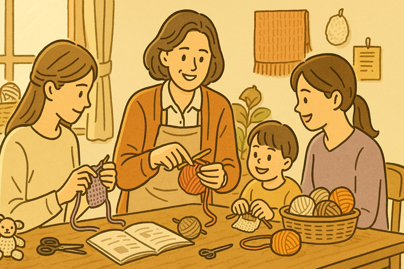 중년 여성이 아이들과 손뜨개를 배우는 따뜻한 모습, 손뜨개 자격증 수업