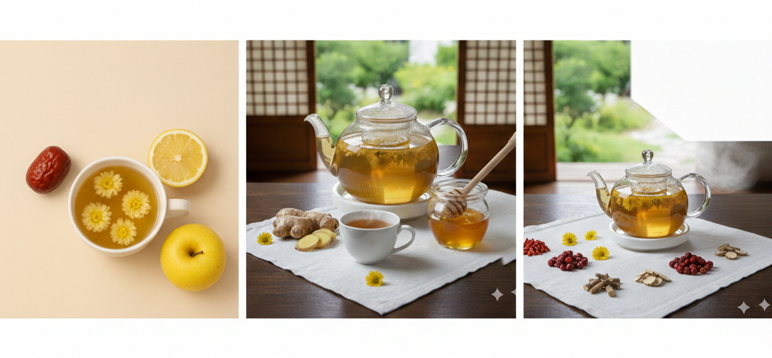 투명한 유리 찻잔에 노란 국화 꽃송이가 띄워진 따뜻한 국화차