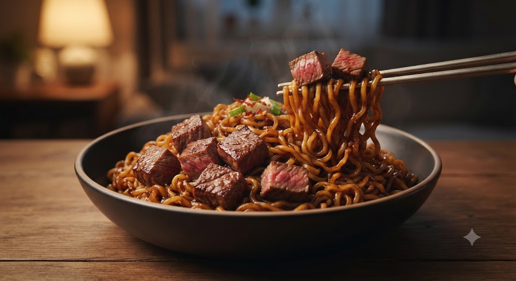 Luxuriously recreates Jjapaguri, the famous recipe from the movie 'Parasite'. Chapagetti's rich black bean sauce and Neoguri's thick noodles blend harmoniously to create an appealing glossy brown hue. Following the movie tip, well-seared chunks of Hanwoo (Korean beef) sirloin steak crown the noodles, completing an image of a 'luxurious late-night snack'. The background evokes a cozy home dining table reminiscent of scenes from the film.