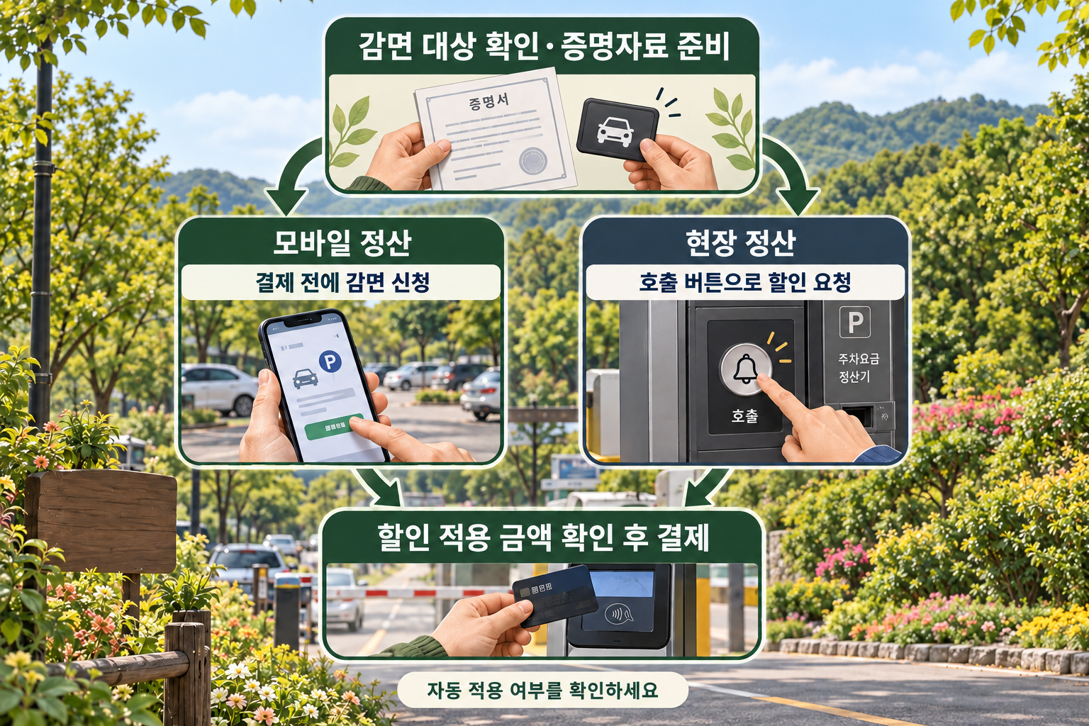 증명자료 준비 후 모바일 감면 신청 또는 현장 호출 버튼으로 할인 요청