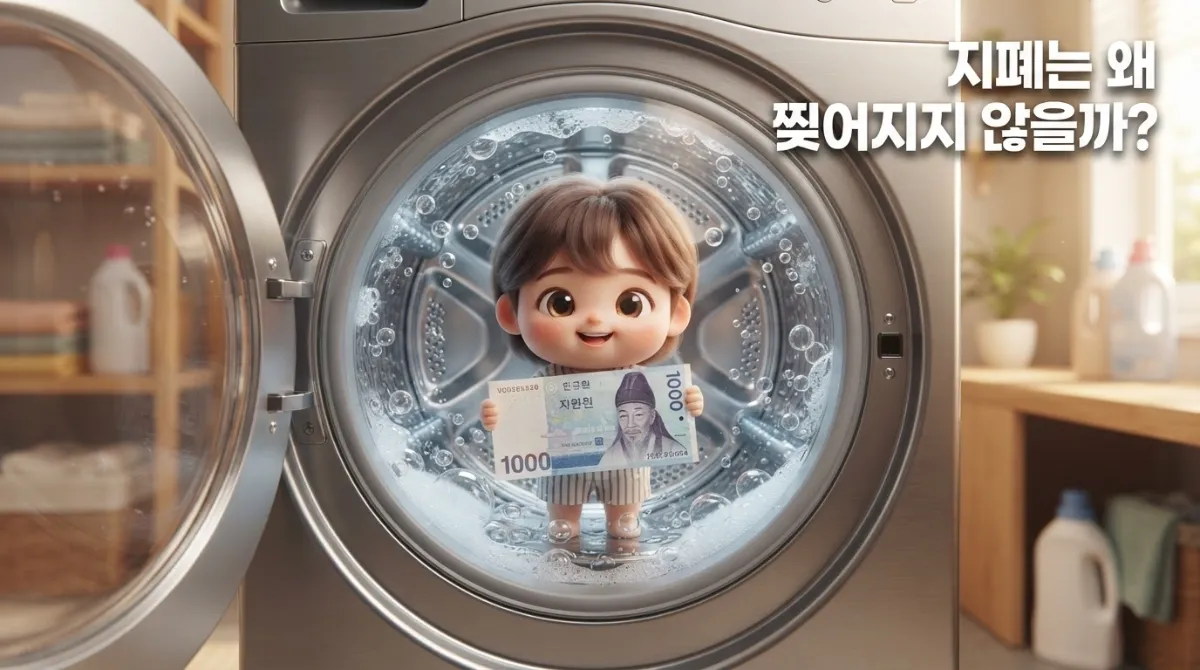 세탁기 드럼 안에서 물방울과 비눗방울 사이에 서 있는 미니미 캐릭터가 멀쩡한 한국 지폐를 양손으로 자랑스럽게 들어 보이는 미니미 합성 스타일의 지폐 내구성 이미지