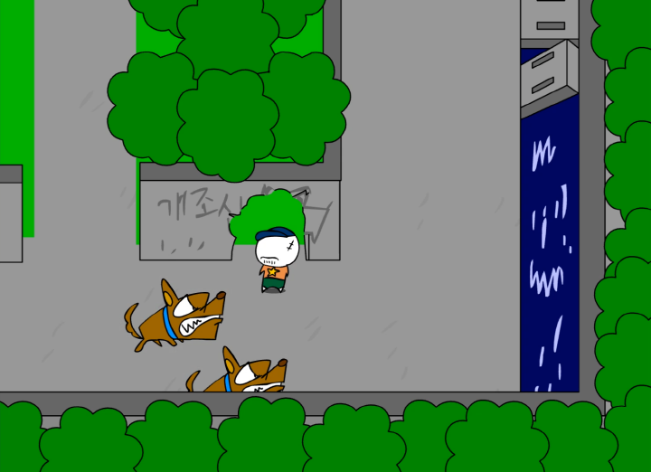 구토할배-감옥탈출-플래시게임-플레이-사나운-개들을-피하기-위해-무너진-담벼락으로-통과하는-화면