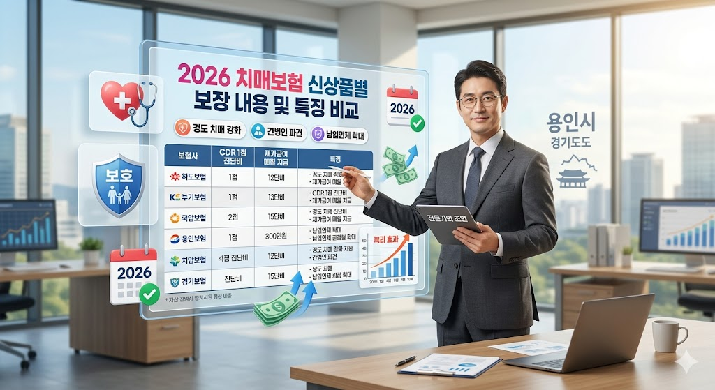 2026년 치매보험 신상품 보장 내용을 비교 분석하는 전문가의 모습