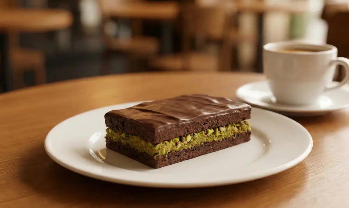 급스러운 접시에 담긴 두바이 초콜릿과 커피 한 잔, 따뜻한 카페 분위기