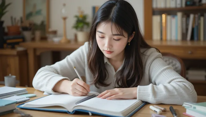 책상 위에서 펜으로 꼼꼼히 계획을 적어 내려가는 여성