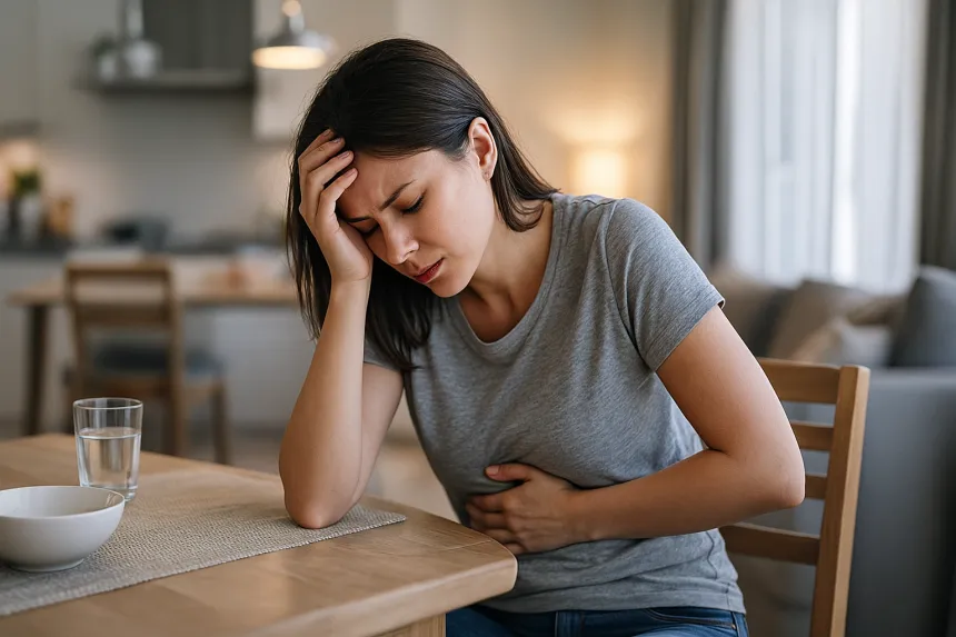 속이 메스껍고 토할 듯한 느낌