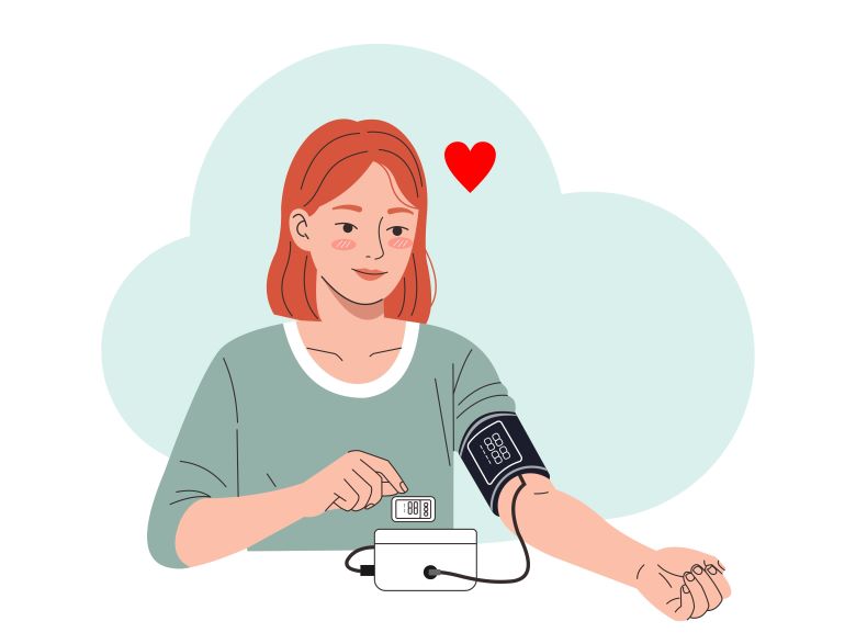 연한 민트색 배경에 빨간 머리 여성이 녹색 티셔츠를 입고 전자 혈압계로 팔에 커프를 감고 스스로 혈압을 측정하는 모습, 옆에 빨간 하트 아이콘이 있는 건강 관리 일러스트 via freepik