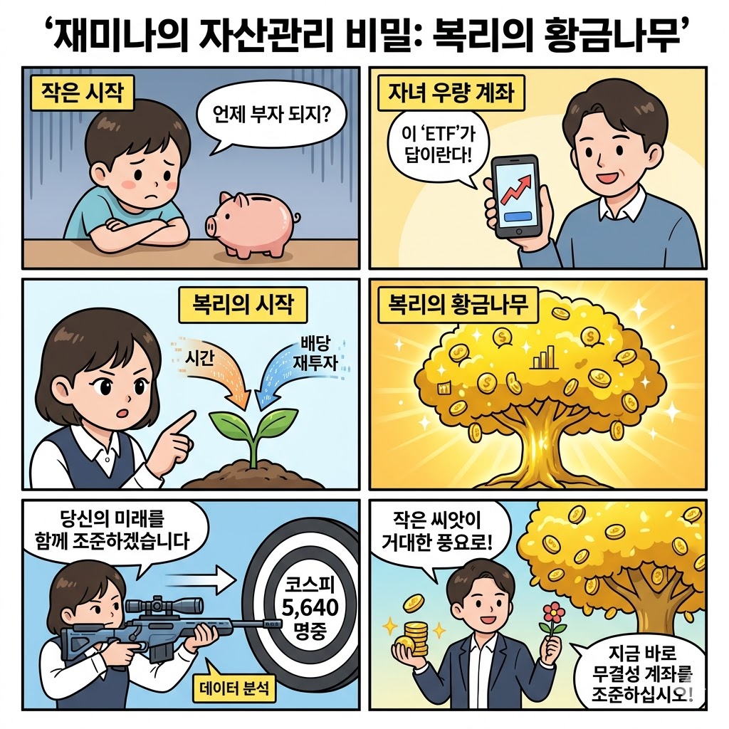 아이의 저금통이 황금나무로 변해가는 과정을 담은 스나이퍼 재미나의 자산관리 6컷 한글 만화.