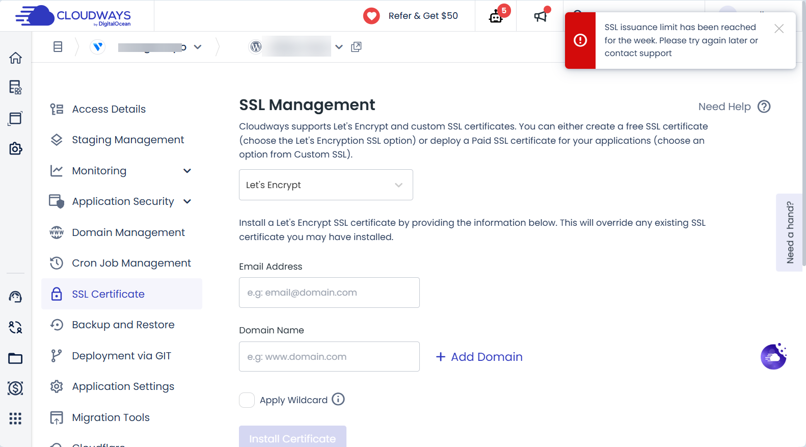 클라우드웨이즈: "SSL issuance limit has been reached for the week" 에러가 발생하는 경우