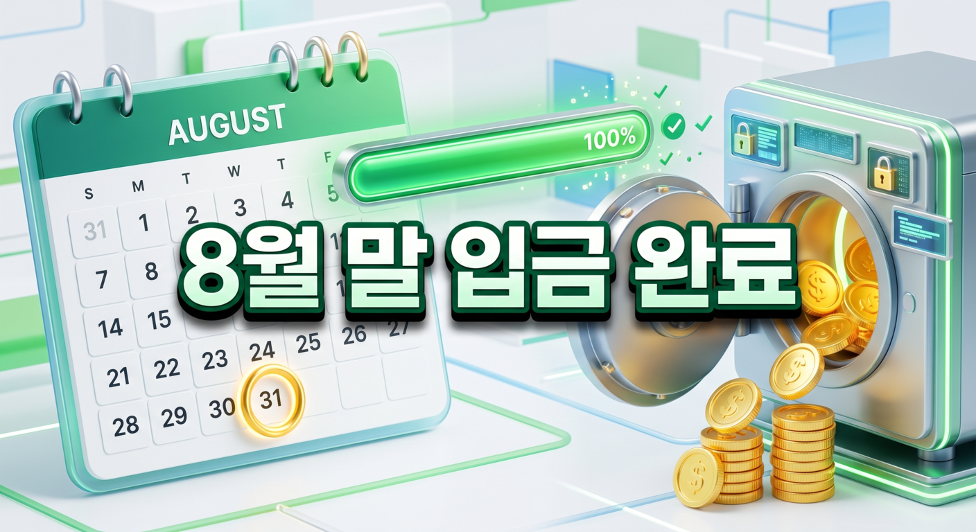 8월 31일이 밝은 금색으로 동그라미 쳐진 스마트 달력 옆으로 100% 채워진 빛나는 초록색 진행률 막대와 디지털 은행 금고에서 반짝이는 금화가 쏟아지는 3D 일러스트 배경에, 짙은 그림자와 외곽선으로 선명하게 강조된 '8월 말 입금 완료'라는 한글 문구가 중앙에 적힌 이미지