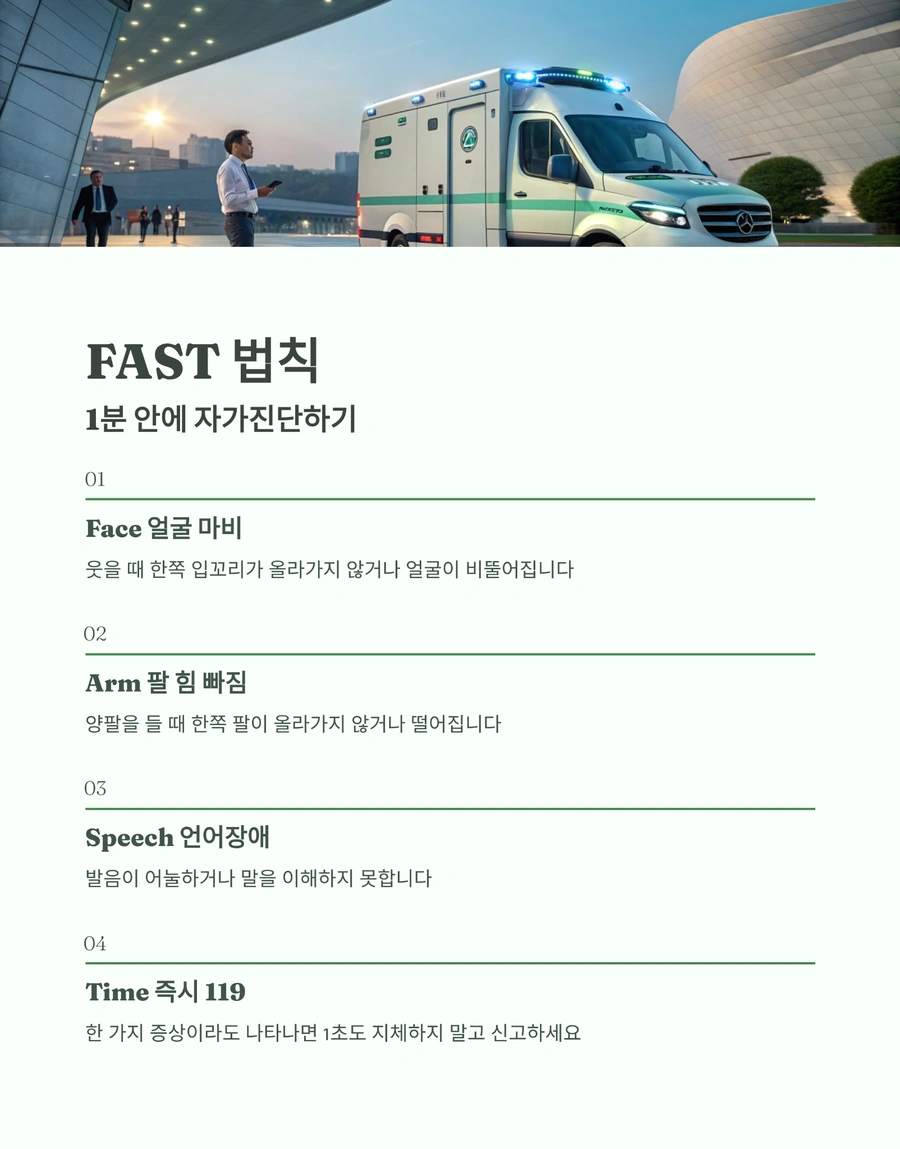 FAST 법칙으로 뇌졸중 초기증상 자가진단 단계별 안내