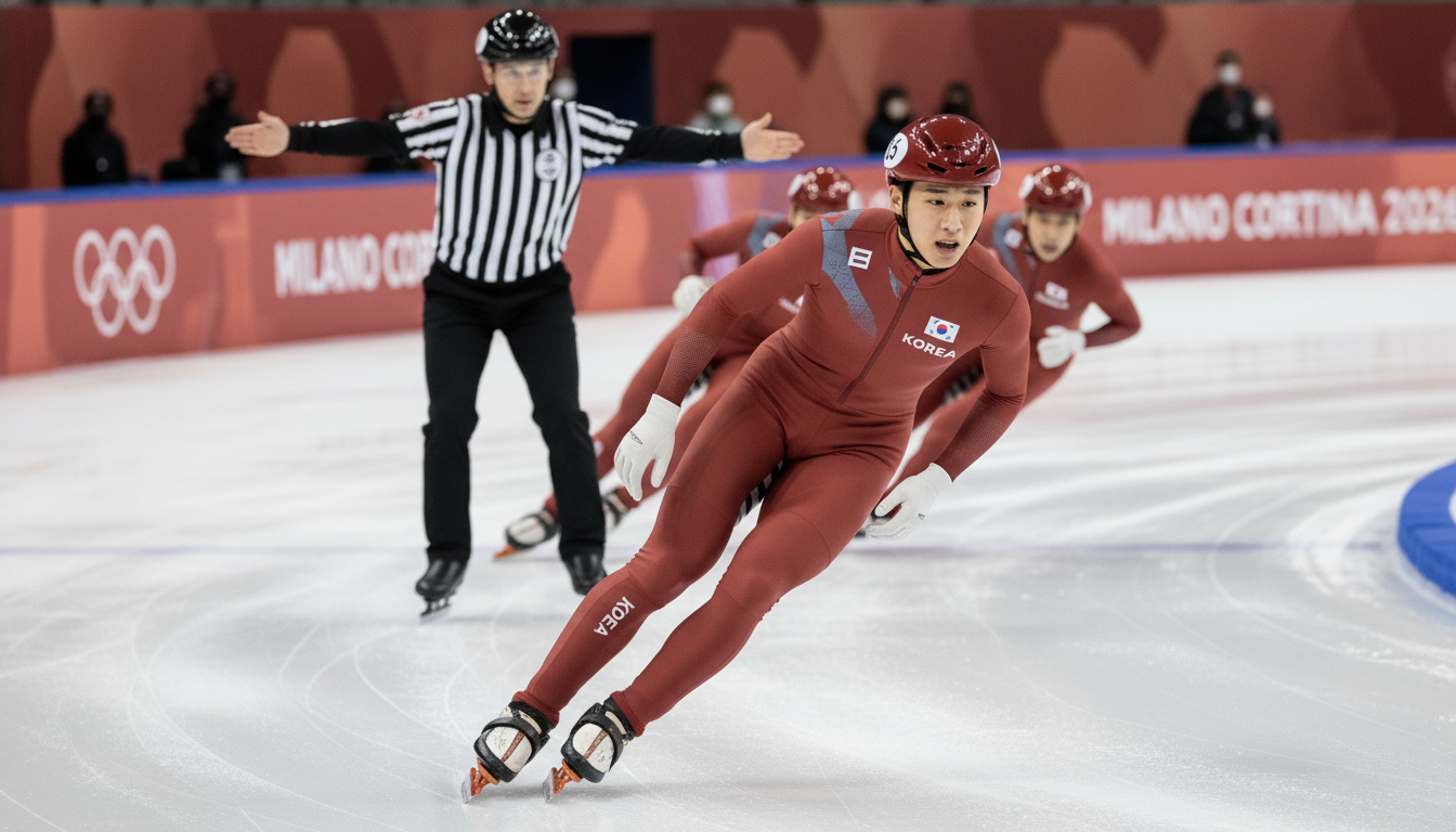 2026 밀라노 올림픽 쇼트트랙 경기 중 실격 판정을 받고 아쉬워하는 황대헌 선수와 판정 중인 심판의 모습