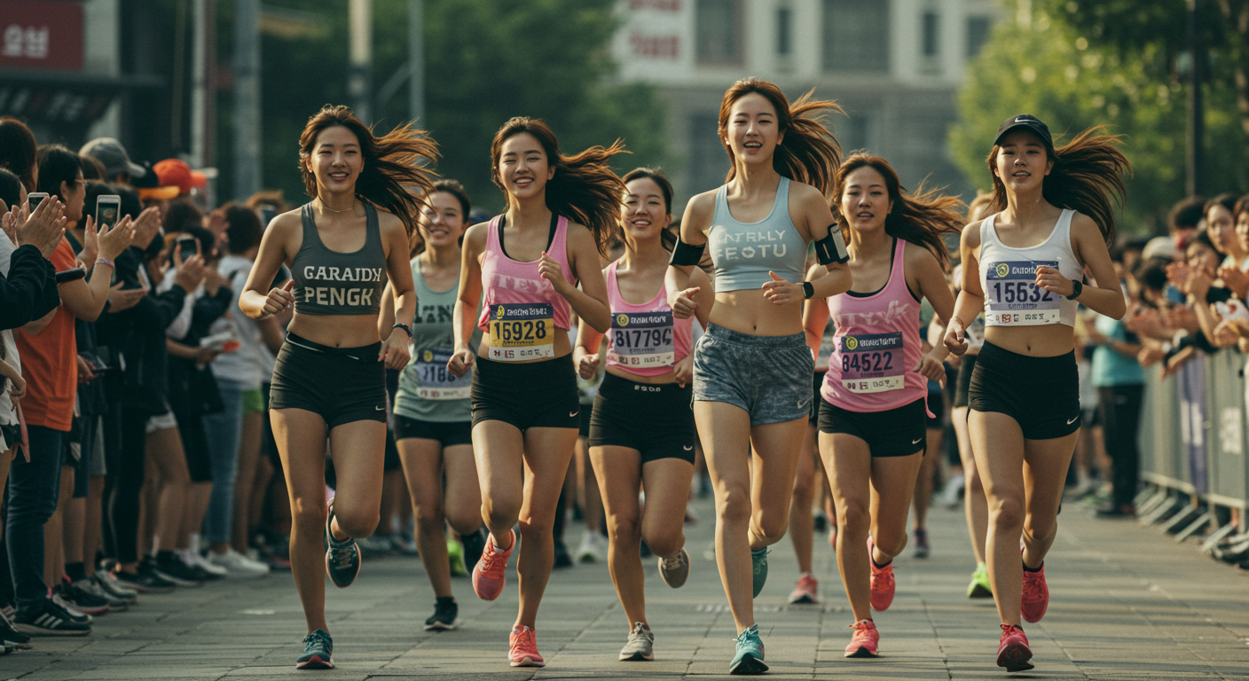 마라톤을 뛰고있는 한국 여대생들.