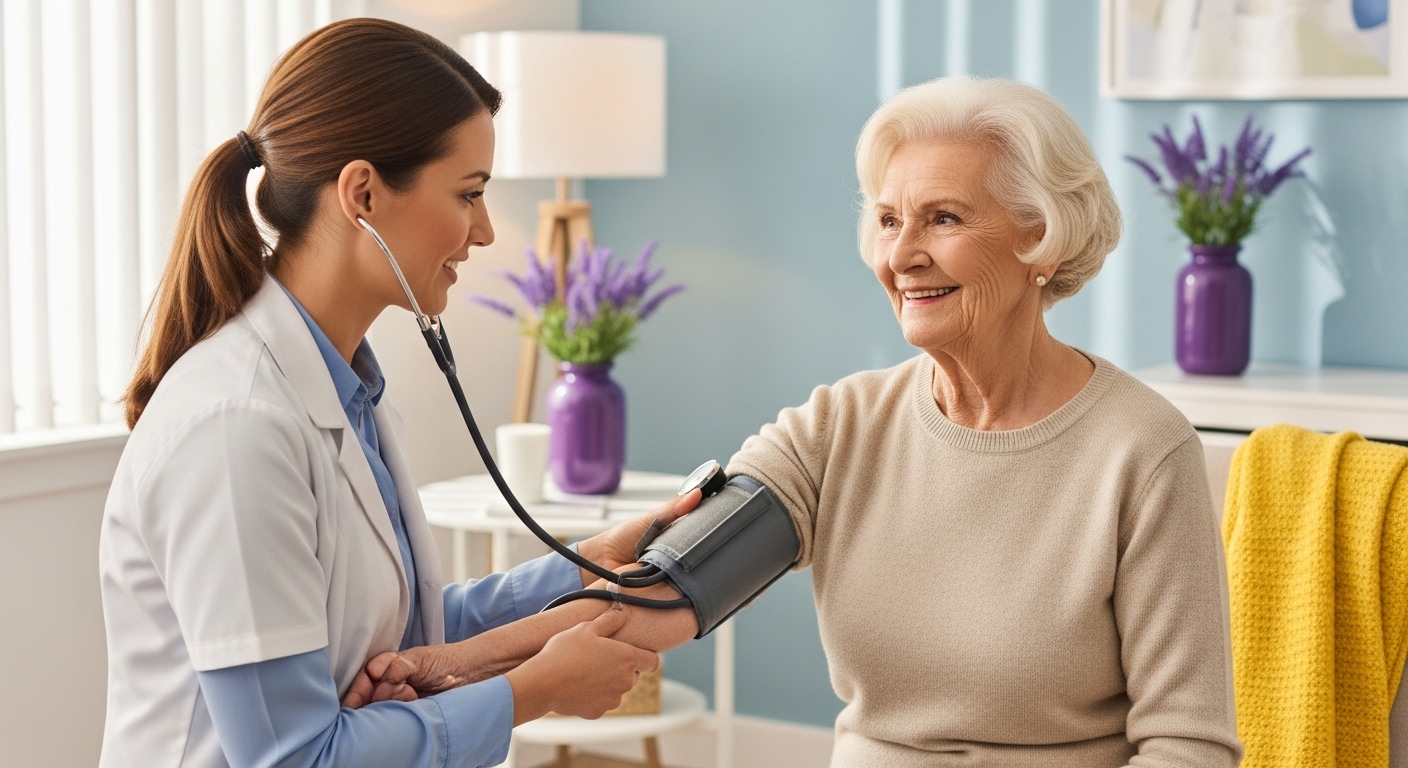 친절한 의사에게 정기 건강 검진을 받는 미소 짓는 노년 여성. 깨끗하고 현대적인 병원 분위기.