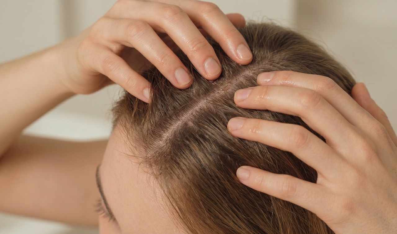 손가락 지문을 이용해 두피를 부드럽게 마사지하는 모습