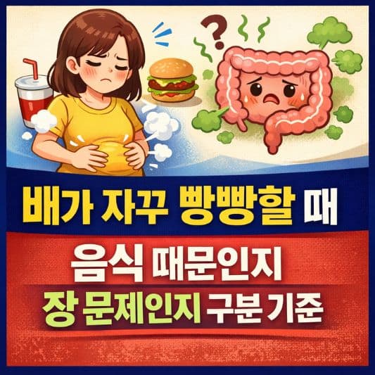 배가 빵빵하고 장가스가 차는 느낌 때문에 음식 문제인지 장 흐름인지 고민하는 장면