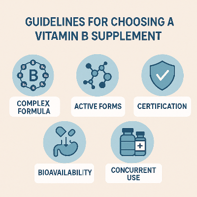 비타민B 복합체, 활성형 비타민, 생체이용률, 인증마크, 병용 섭취 가능성 등 비타민B 영양제를 선택할 때 중요한 요소들을 아이콘과 함께 플랫 디자인으로 정리한 인포그래픽입니다.