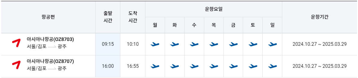 김포공항 출발 광주공항 도착 비행기 스케줄