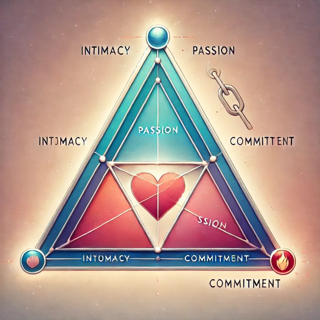 친밀감, 열정, 헌신이라는 세 가지 핵심 구성 요소를 보여주는 사랑의 삼각형 이론