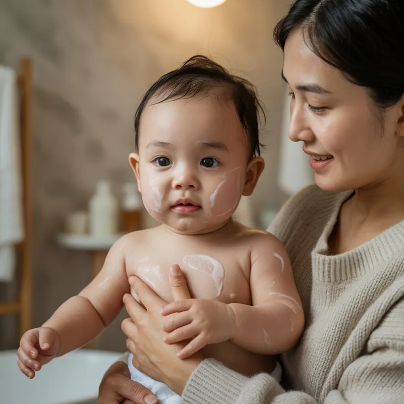 아기에게 목욕 후 로션을 바르고 있는 이미지