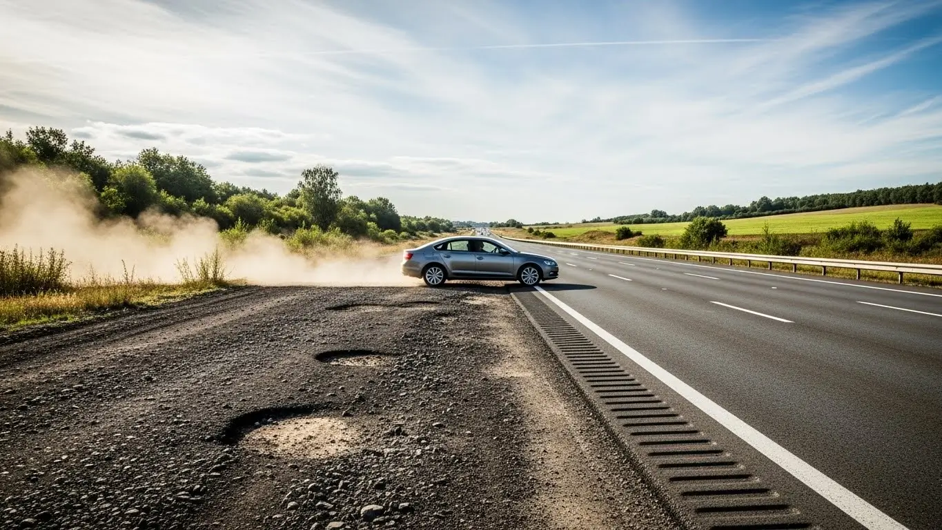 울퉁불퉁한 비포장도로인 고금리 대출에서 매끈한 고속도로인 저금리 은행 대출로 갈아타는 상징적인 이미지