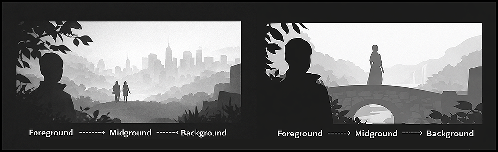 근경&middot;중경&middot;원경 레이어 구조를 통해 공간의 깊이와 시선 흐름을 설명한 인포그래픽_GPT Image 1.5