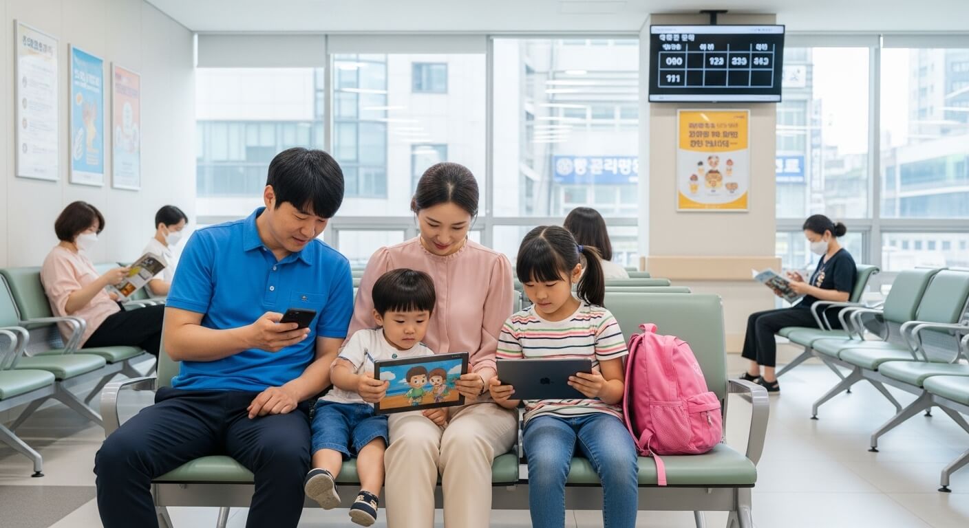 진료대기실에서 진료 대기중인 가족