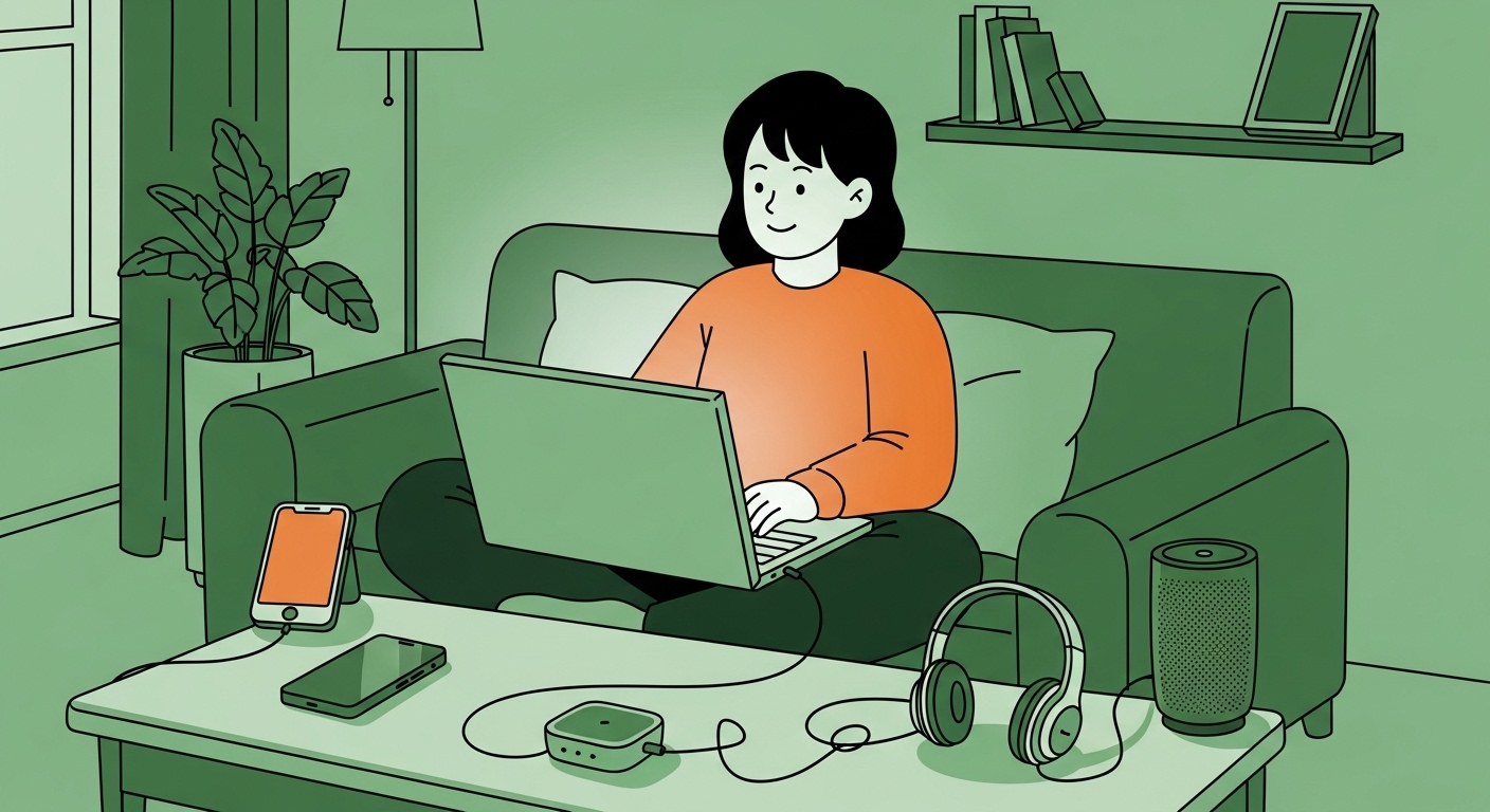 집 소파에서 노트북으로 편안하게 온라인 쇼핑을 즐기는 사람. 주변에 스마트 기기들이 놓여있어 사이버 먼데이의 편리함을 상징한다.