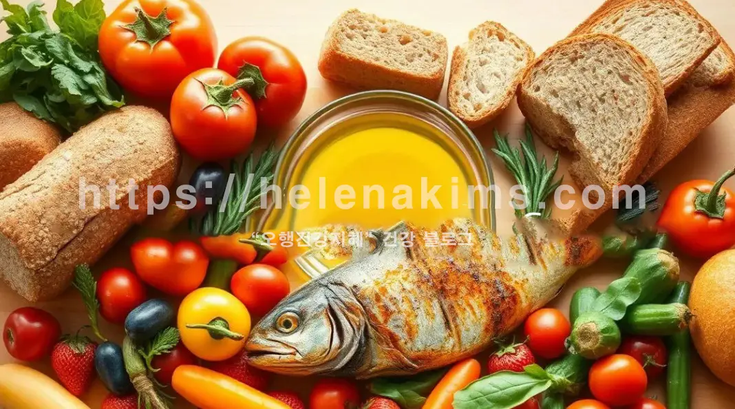 신선한 채소, 과일, 통곡물 빵, 엑스트라 버진 올리브오일, 구운생선 등 지중해 건강 식단이 탁자에 놓여 있는 모습.
