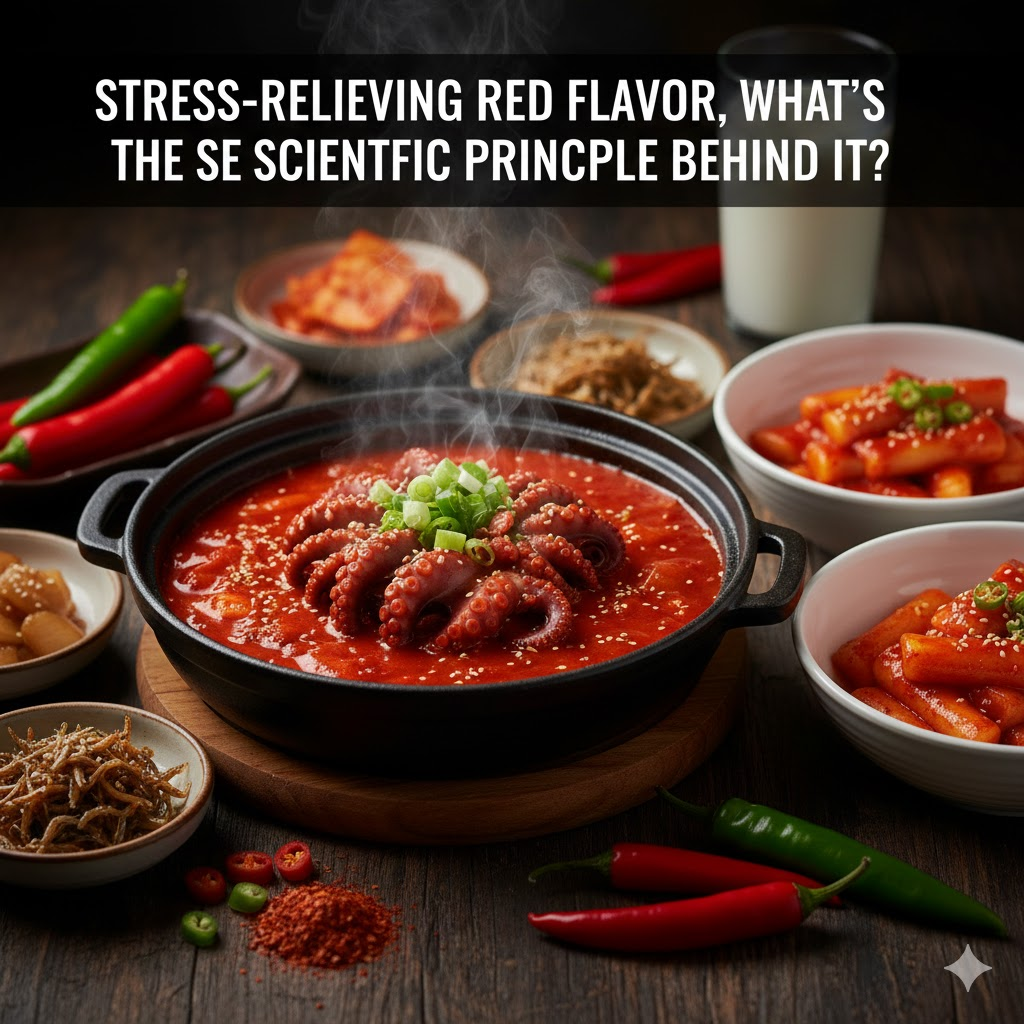 붉은 고추와 매콤한 음식이 먹음직스럽게 차려진 사진