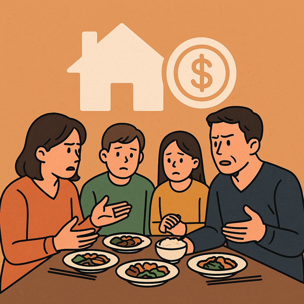 족 네 명이 테이블에 앉아 재무 서류를 함께 검토하며 대화하는 모습의 일러스트