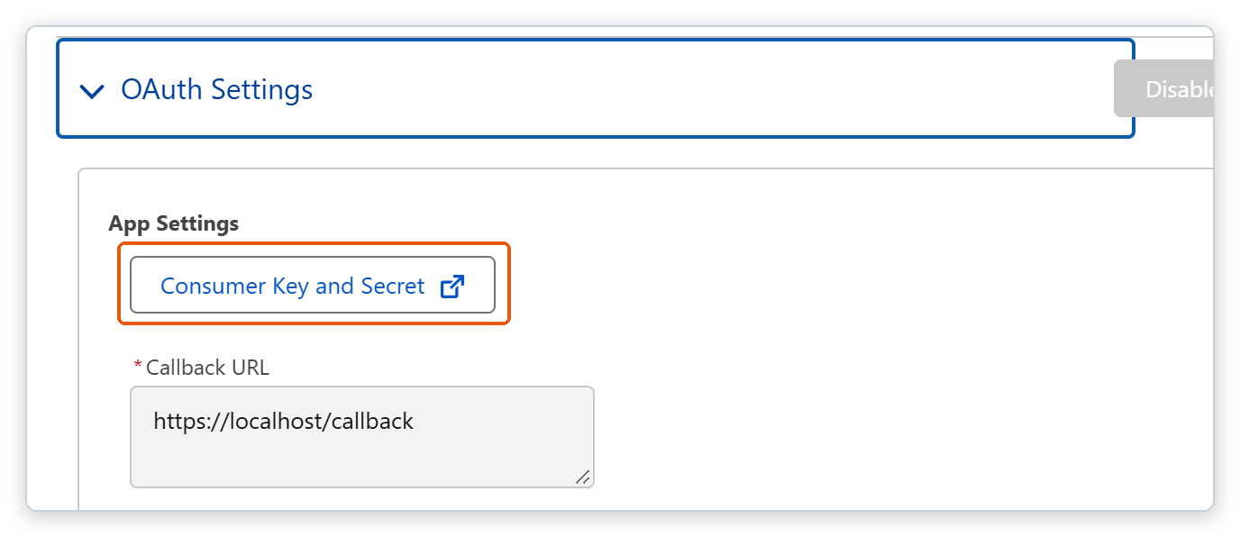 Settings 탭 OAuth Settings의 App Settings 아래 Consumer Key and Secret 단추가 강조되어 있다