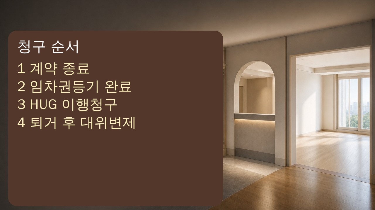 전세계약 종료 임차권등기 HUG 이행청구 명도 대위변제 순서를 보여주는 이미지