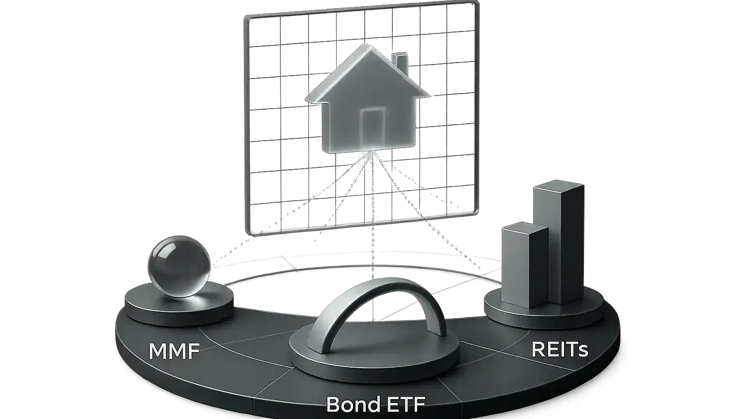 주택자금 마련을 위한 다양한 투자 상품들이 배치된 인포그래픽 - MMF, 채권ETF, 리츠 등 투자 옵션들을 시각적으로 보여주는 차트