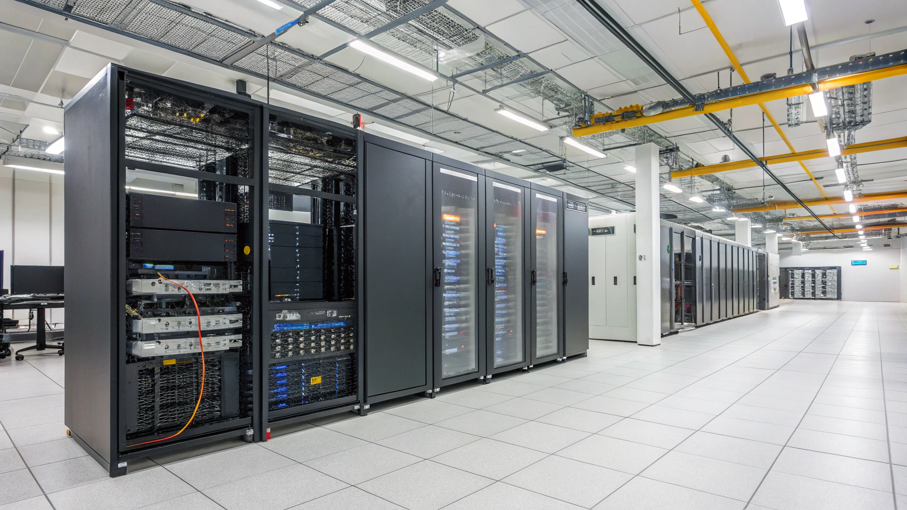 밝고 깔끔한 데이터 센터 내부에 다수의 서버 랙이 줄지어 설치되어 있으며, 일부 랙은 내부 장비가 보이는 상태. 바닥은 정전기 방지 타일로 마감되어 있고, 천장에는 복잡한 전선 배선과 케이블 트레이가 설치되어 있음. 서버실은 고사양 컴퓨팅과 인공지능 시스템을 운영하는 환경으로 보임