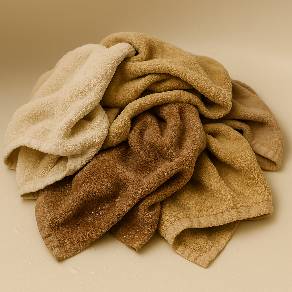 여러 장의 젖은 수건이 뭉쳐진 상태로 바닥에 방치된 모습