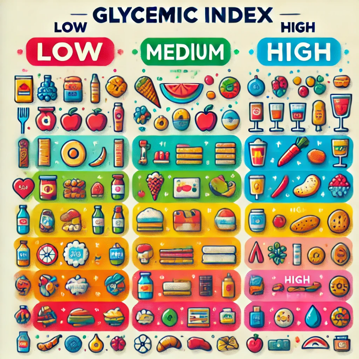 저혈당&amp;#44; 중간혈당&amp;#44; 고혈당 지수로 음식의 혈당 지수를 분류한 인포그래픽.